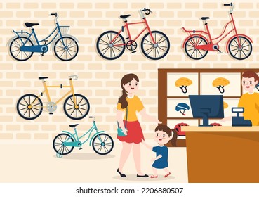 Bike Shop with Shoppers People Choosing Cycles, Accessories or Gear Equipment for Riding in Template Hand Drawn Cartoon Flat Illustration