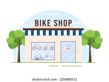 Bike Shop with Shoppers People Choosing Cycles, Accessories or Gear Equipment for Riding in Template Hand Drawn Cartoon Flat Illustration