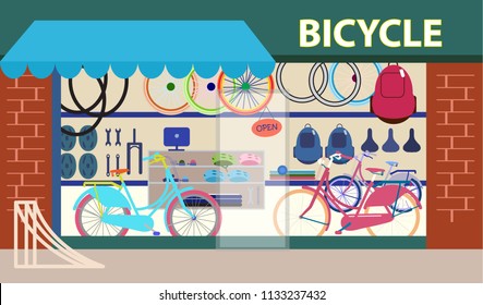 Bike shop showcase with bikes and equipment