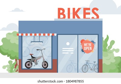 Bike Shop Vector Flat Illustration. Bicycle Store With A Modern Bike In The Window. Eco Friendly Personal City Transport, Healthy Lifestyle, Urban Transportation Gadget Concept.