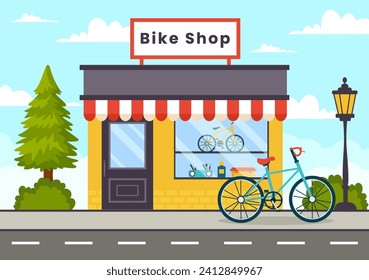 Bike Shop Vector Illustration with Shoppers People Choosing Cycles, Accessories or Gear Equipment for Riding in Flat Cartoon Background Design