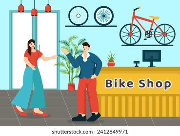 Bike Shop Vector Illustration with Shoppers People Choosing Cycles, Accessories or Gear Equipment for Riding in Flat Cartoon Background Design