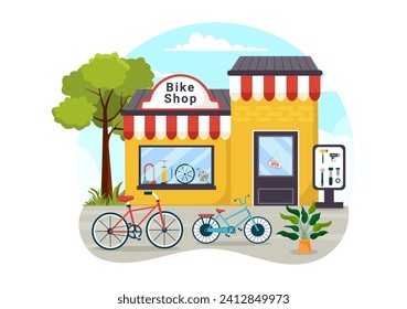 Bike Shop Vector Illustration with Shoppers People Choosing Cycles, Accessories or Gear Equipment for Riding in Flat Cartoon Background Design