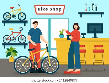 Ilustración de vectores de tienda de bicicletas con compradores de bicicletas, accesorios o equipos de engranajes para viajar en diseño de fondo de caricatura plana