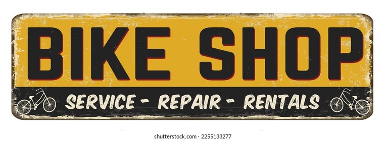 Bike shop vintage rusty metal sign on a white background, vector illustration