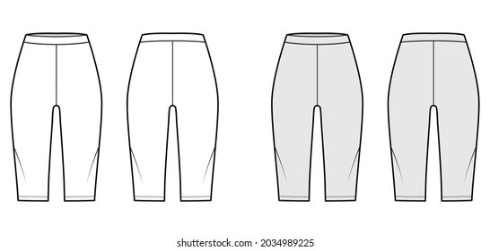 Bike shorts Leggings technical fashion illustration with natural waist, knee length. Flat sport training pants, trousers apparel template front, back, white, grey color. Women, men unisex CAD mockup
