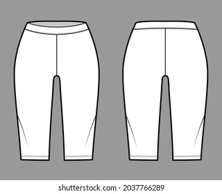 
Bike shorts Leggings technical fashion illustration with low waist, rise, knee length. Flat sport pants, casual knit trousers apparel template front, back, white color. Women, men unisex CAD mockup
