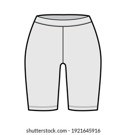 Bike shorts technical fashion illustration with low waist, rise, thigh length. Flat sport training pants, casual knit trousers apparel template front, grey color. Women men unisex CAD mockup