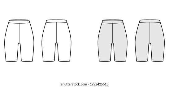 Bike shorts technical fashion illustration with normal waist, rise, thigh length. Flat sport training pants, casual trousers apparel template front, back, white grey color. Women men unisex CAD mockup