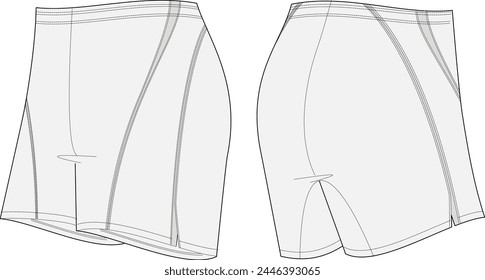 Bike shorts technical fashion illustration design template featuring functional panelling for breathable material blocking and next to skin fit. Compression short tights. 