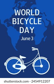 Bike silhouette on the world map. World Bicycle Day banner, greeting cards, poster. June 3.