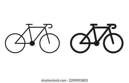 Bike for Sport Line and Silhouette Black Icon Set. Mountain Bicycle Pictogram. Road Bike Outline and Solid Symbol Collection on White Background. Healthy Outdoor Ride. Isolated Vector Illustration.