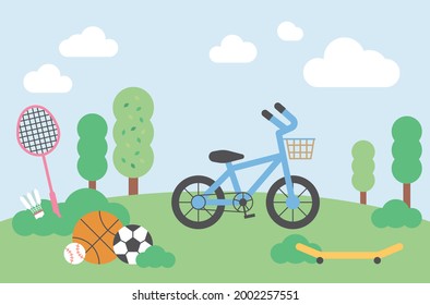 Bike and sports balls, badminton racket and shuttlecock on park background. flat design style minimal vector illustration.