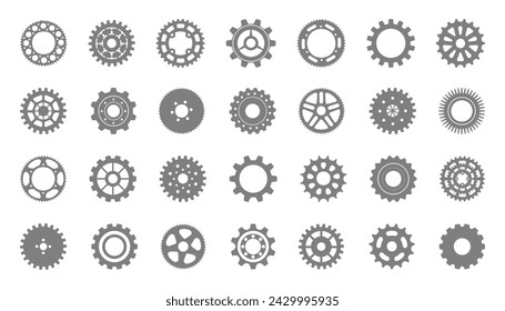 Piñón de bicicleta o iconos de engranajes. Señales de rueda dentada de bicicleta. Conjunto de rueda perfilada con dientes que se acopla con una cadena