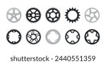 Bike stars profiled wheel with teeth for chain transmission of cycle set realistic vector illustration. Mechanic machinery cogwheel for bicycle movement metallic system transportation technology