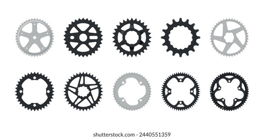 Estrellas de bicicleta rueda perfilada con dientes para la transmisión en cadena de ciclo conjunto ilustración vectorial realista. Maquinaria mecánica rueda dentada para el movimiento de bicicletas sistema metálico tecnología de transporte