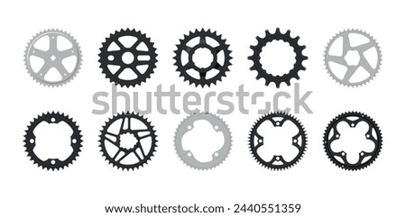 Bike stars profiled wheel with teeth for chain transmission of cycle set realistic vector illustration. Mechanic machinery cogwheel for bicycle movement metallic system transportation technology