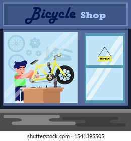 bike store and service flat vector design,man repair bicycle in shop,vector illustration