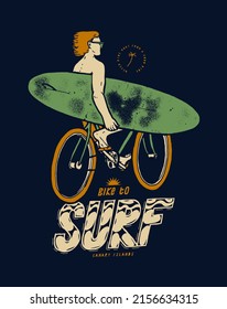 Bike to surf. Person riding bicycle with surfboard. Summer sports distressed silkscreen t-shirt print vector illustration.