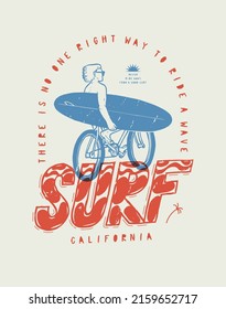 Bike to surf. Person riding bicycle with a surfboard modern style vintage typography silkscreen surfing t-shirt print vector illustration.