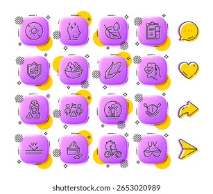 Temporizador de bicicleta, iconos de línea de crema de maíz y noche. App 3D Botones. Los medios sociales comentan, comparten, les gustan los iconos. Paquete de ensalada, sin sol, icono de tableta médica. Vector