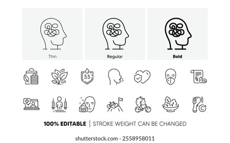 Bike timer, Coronavirus injections and Life insurance line icons. Pack of Anxiety, Bio shopping, Ph neutral icon. Cough, Salad, Leaf pictogram. Medical help, Medical mask. Line icons. Vector