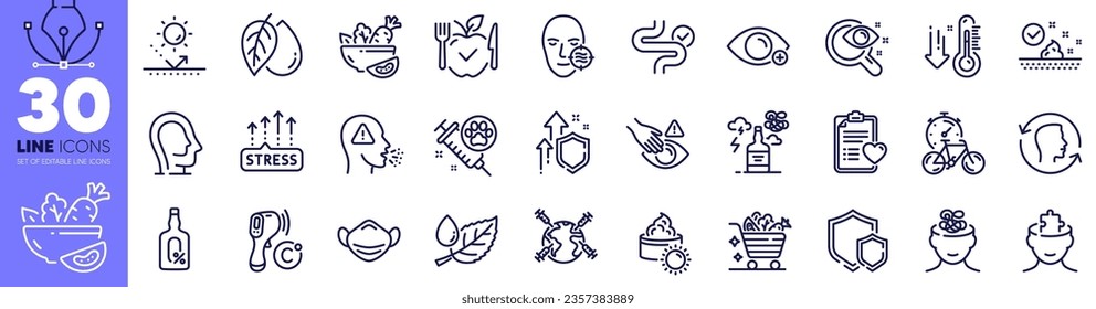 Bike timer, Low thermometer and Sun protection line icons pack. Medical mask, World vaccination, Vision test web icon. Cough, Salad, Alcohol free pictogram. Anxiety, Leaf dew, Patient history. Vector