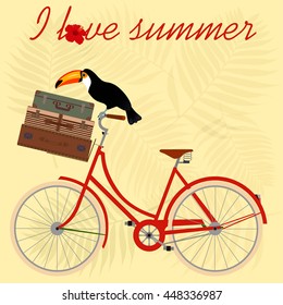 Bike. toucan and suitcases for travel, I love summer. Vector illustration.