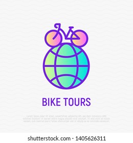 Bike tour: bicycle on globe thin line icon. Modern vector illustration for travel agency logo.