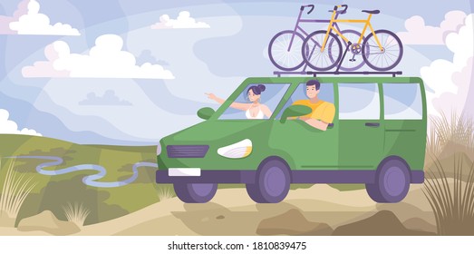 Bike tourism car flat and colored composition green minivan goes for a ride vector illustration