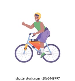Bike tourism flat composition with human character riding bicycle showing thumbs up gesture vector illustration