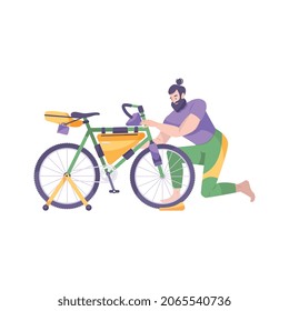 Bike tourism flat composition with man fixing his bicycle vector illustration