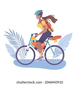 Bike tourism flat composition with woman riding trekking bicycle vector illustration