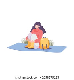 Bike tourism flat composition of woman with bag sitting on carpet outdoors vector illustration