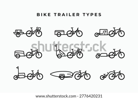Bike trailer icons set. Various types of bicycle trailer simple lines symbol logo icons. Urban cycling cargo bikes