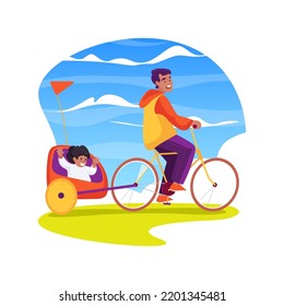 Remolque de bicicleta aislado ilustración vectorial de dibujos animados. Montar a los padres en bicicleta lleva un remolque con un niño dentro, en bicicleta con niños, un niño sentado en un coche de bicicletas, usando dibujos animados vectores de casco.