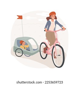 Bike trailer isolated cartoon vector illustration. Parent carries a bicycle cart with a kid, cycling with child, family lifestyle, physical activity, having funny trip together vector cartoon.