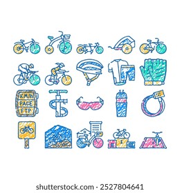 Iconos del doodle del transporte de la bici y de los accesorios fijan el Vector. Bocetos de la línea del arte del crucero y de la bici del tándem, remolque para el casco protector del niño y del jinete, guantes y ropa