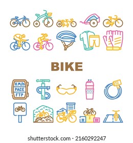 Transporte En Bicicleta Y Accesorios Iconos Set Vector. Bicicleta De Crucero Y Tándem, Remolque Para Cascos Protectores Para Niños Y Jinetes, Guantes Y Ropa. Ilustraciones De Color De Montaña Y Carretera