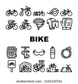 Transporte En Bicicleta Y Accesorios Iconos Set Vector. Bicicleta De Crucero Y Tándem, Remolque Para Cascos Protectores Para Niños Y Jinetes, Guantes Y Ropa. Ilustraciones De Contornos Negros En Montaña Y Carretera