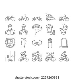 Bike Transport And Accessories Icons Set Vector. Bike And Tricycle, Rider Protective Helmet And Clothes, Glasses And Water Bottle, Urban And Cruiser Bicycle Black Contour Illustrations