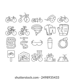 Bike Transport And Accessories Icons Set Vector. Cruiser And Tandem Bike, Trailer For Child And Rider Protective Helmet, Gloves And Clothes. Mountain And Road Riding Black Contour Illustrations