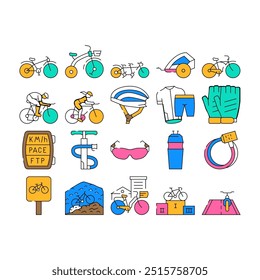 Iconos De Transporte De Bicicletas Y Accesorios Set Vector. Bicicleta Crucero Y Tándem, Avance Para Casco Protector De Niños Y Jinetes, Guantes Y Ropa. Montaña y carretera Riding color Contorno Ilustraciones