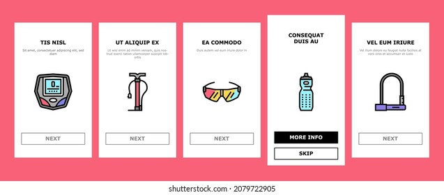 Bike Transport And Accessories Onboarding Mobile App Page Screen Vector. Bike And Tricycle, Rider Protective Helmet And Clothes, Glasses And Water Bottle, Urban And Cruiser Bicycle Illustrations