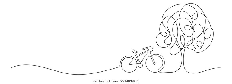 Bike with tree vector illustration in one continuous editable line drawing style. Editable stroke