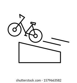 Bike trick. City bicycle accelerates and jumps from a springboard. Dangerous and extreme tricks. Editable outline stroke linear icon. Thin vector black contour.