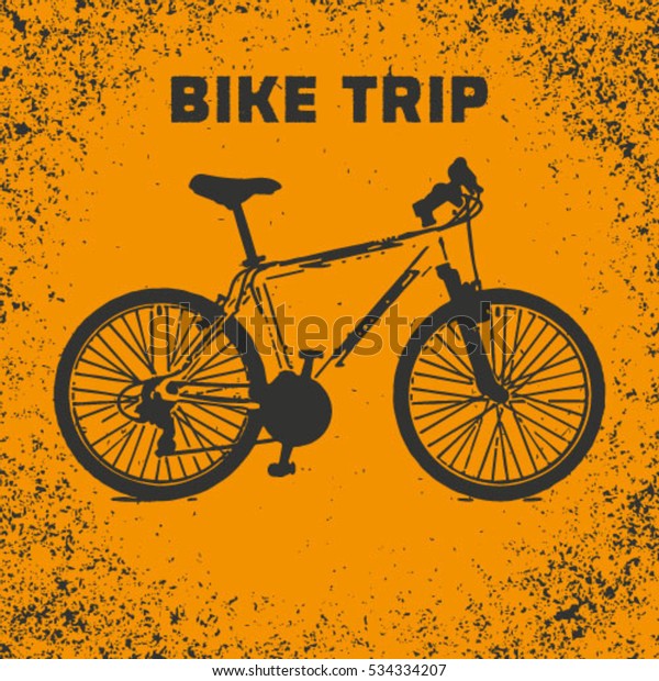 bike trip through\
the mountains. Banner, poster and sticker. orange background. the\
Grunge style. Vector