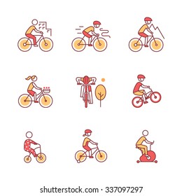 Tipos de bicicleta e conjunto de placas de ciclismo. Homem, mulher, crianças. Ícones de arte de linha fina. Ilustrações de estilo plano isoladas em branco.