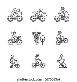 Bike types and cycling sign set. Man, woman, kids. Thin line art icons. Linear style illustrations isolated on white.