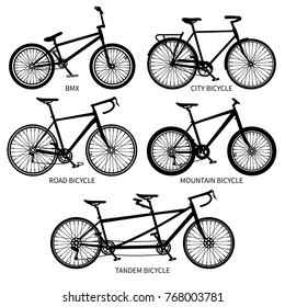 Bike types vector black silhouettes. Road, mountain, tandem bicycles isolated. Set of bicycle vintage, sport transport with pedal illustration